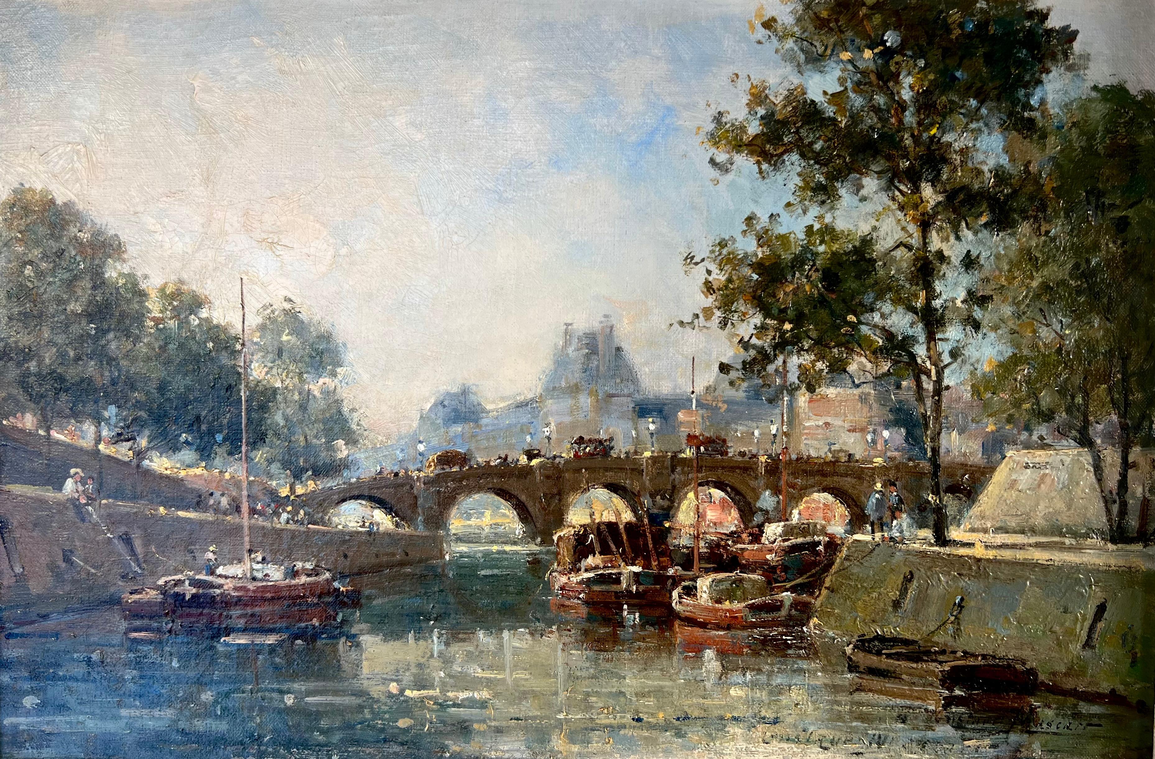 Art nouveau « Le long de la Seine, Paris », peinture à l'huile de l'artiste français Gustave Muscart en vente