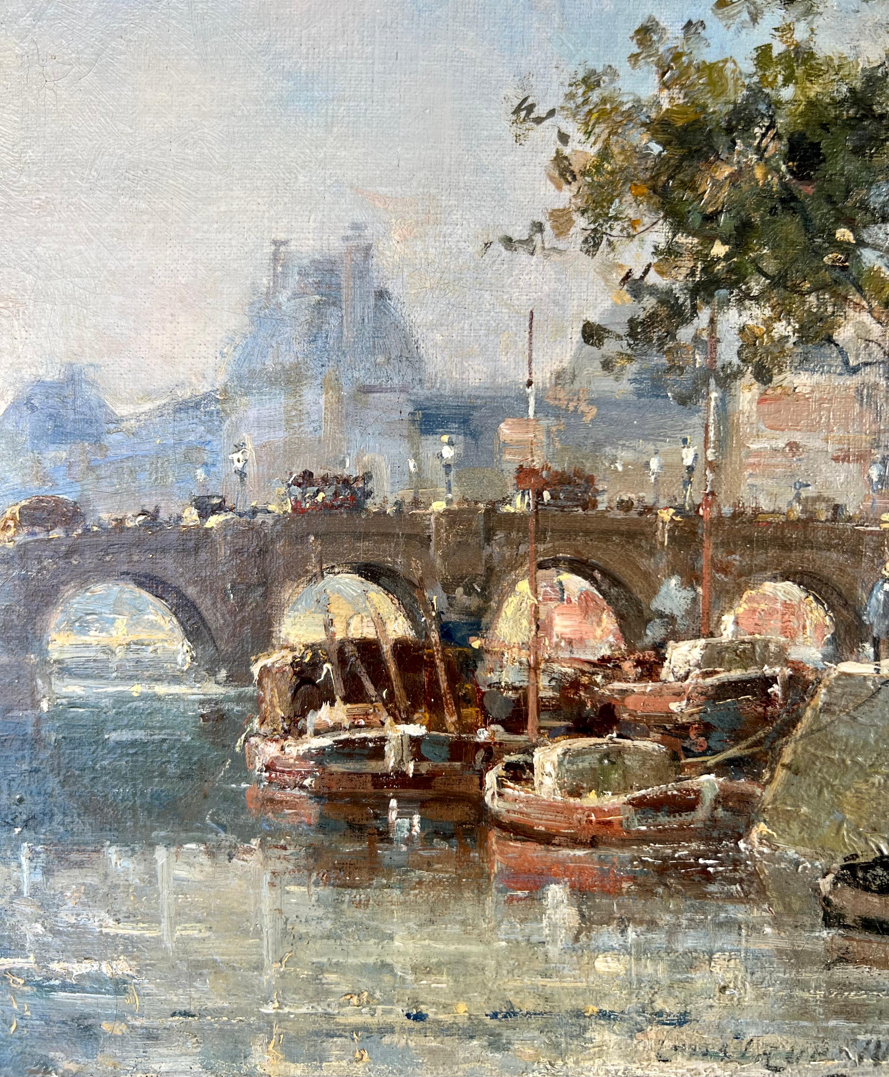 Français « Le long de la Seine, Paris », peinture à l'huile de l'artiste français Gustave Muscart en vente