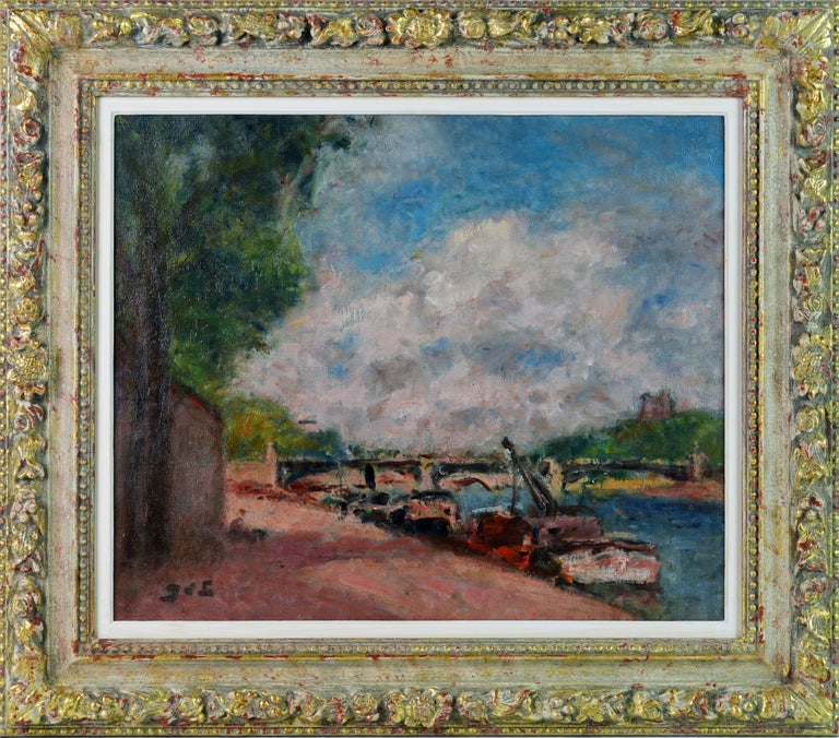 'Along the Seine'
By Georges d'Espagnat, French 1870-1950.
Measures: 18 x 21.75 in. without frame, 25.5 x 29.25 including frame.
Oil on relined canvas, signed in lower left corner.
Housed in a newer impressionist style gallery frame.

Georges