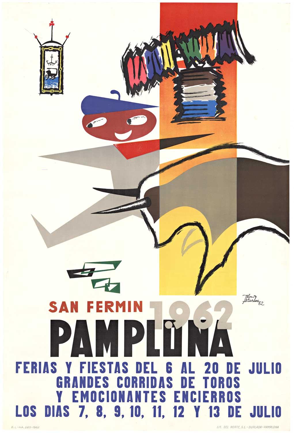 Poster vintage originale della Corsa dei Tori di Pamplona  San Fermin, Spagna