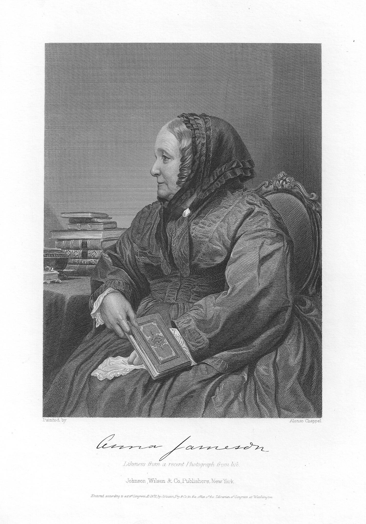 Alonzo Chappel Portrait Print – Antiker Porträtgravurdruck von Anna Jameson, englische Schriftstellerin und feministische Anna Jameson