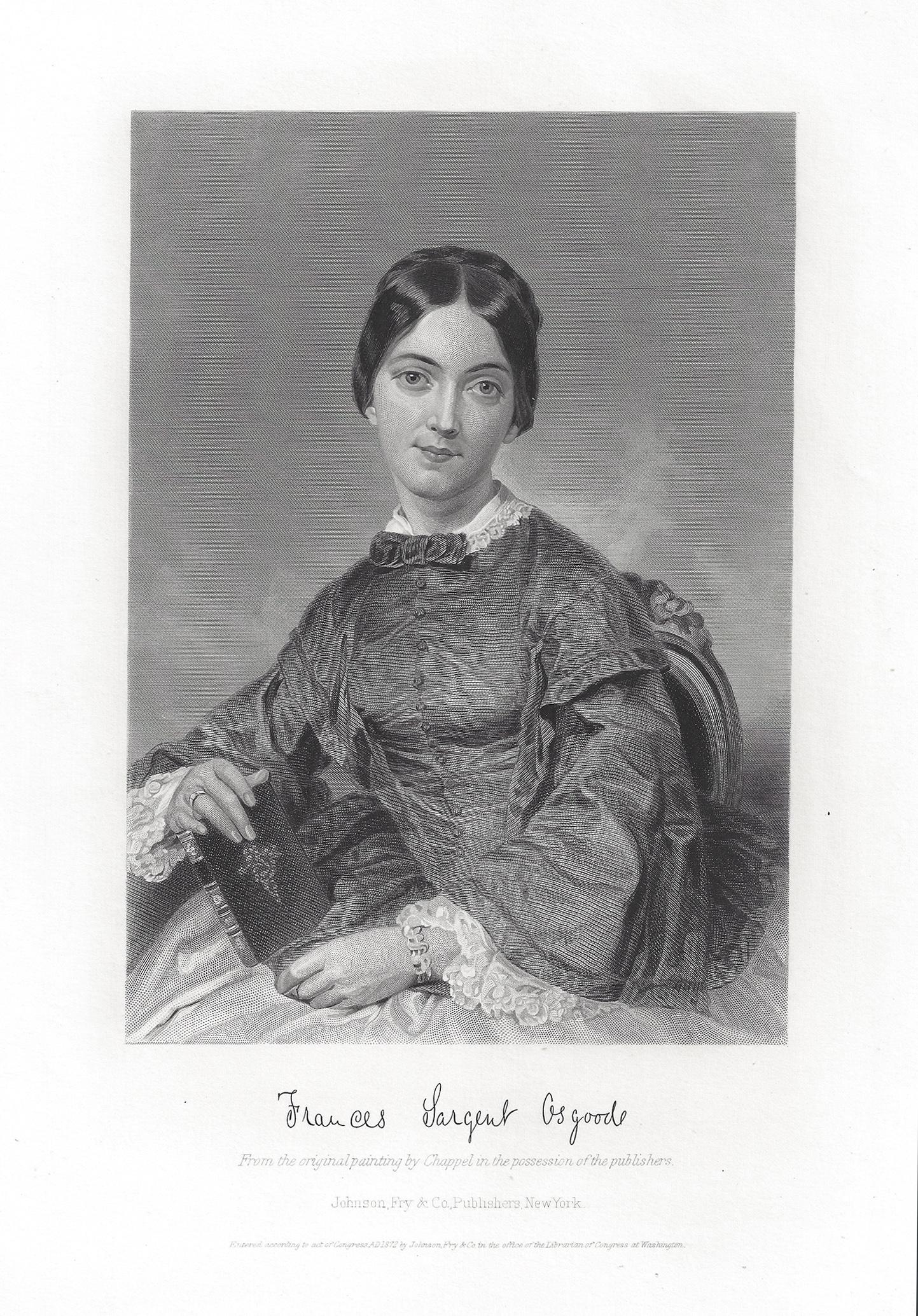 Frances Sargent Osgood, American poet, antique portrait engraving print, 1872