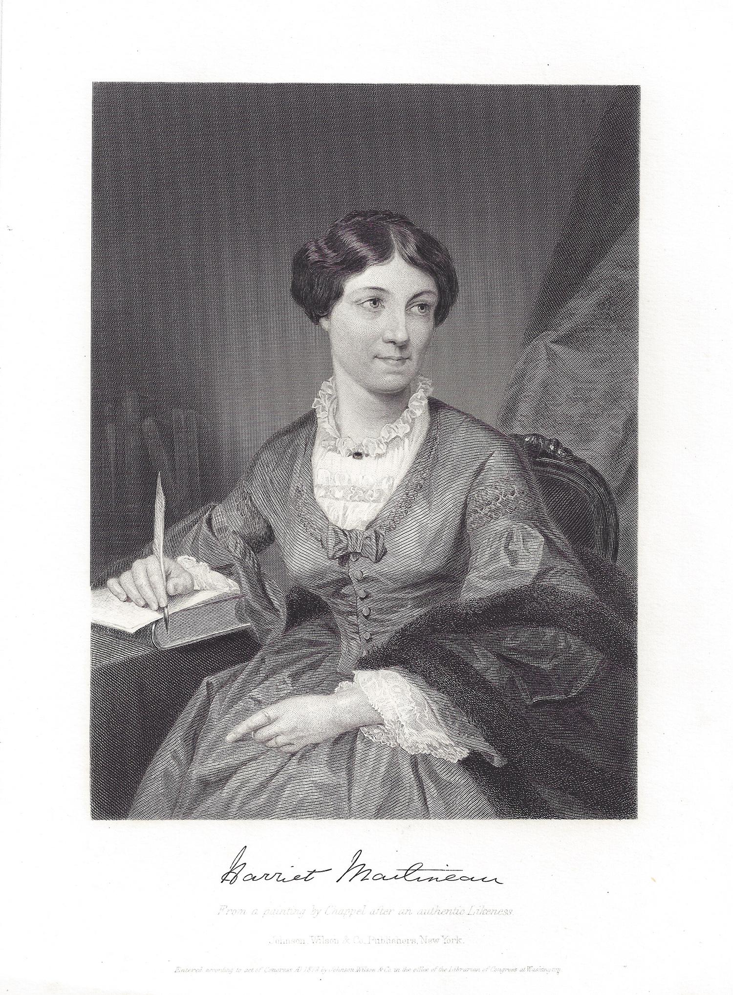 Harriet Martineau, English writer, antique portrait engraving print, 1872