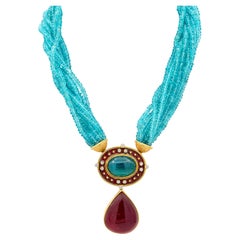 Alopa Diamond Multi-Gem Enamel 18K Gold Vintage Convertible Station Necklace