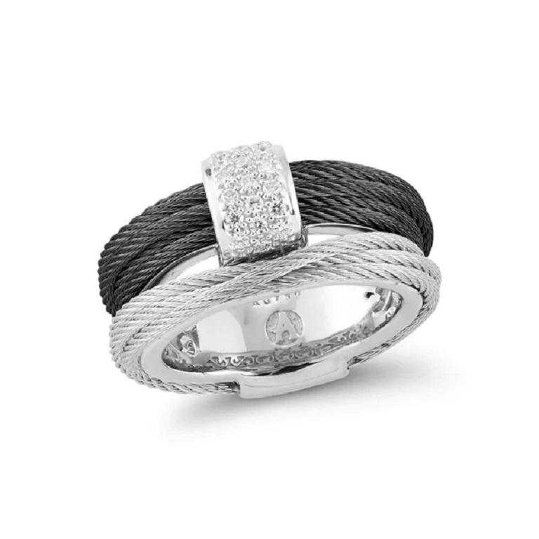Alor 18k White Gold Grey Black PVD 0.16ct Diamonds Steel Ring 02-54-0411-11 In New Condition For Sale In Wilmington, DE