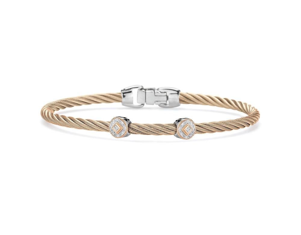 Carnation cable 3mm, 18 karat White Gold and Rose Gold, 0.09 total carat weight Diamonds and stainless steel. Imported.

Name: Alor Carnation Cable Essential Stackable Bracelet with Double Round Diamond station set in 18kt Rose Gold
Stock Number: