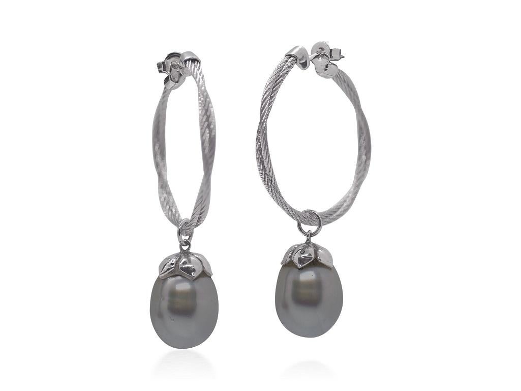 Alor Grey Twisted Cable Black South Sea Pearl Hoop Earrings 03-32-P112-02 In New Condition For Sale In Wilmington, DE
