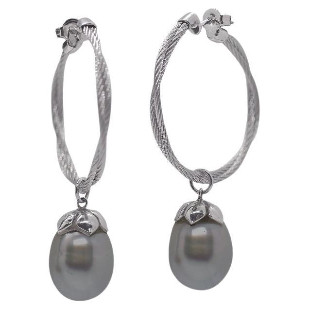 Alor Grey Twisted Cable Black South Sea Pearl Hoop Earrings 03-32-P112-02