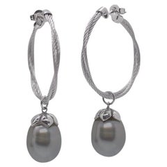 Used Alor Grey Twisted Cable Black South Sea Pearl Hoop Earrings 03-32-P112-02