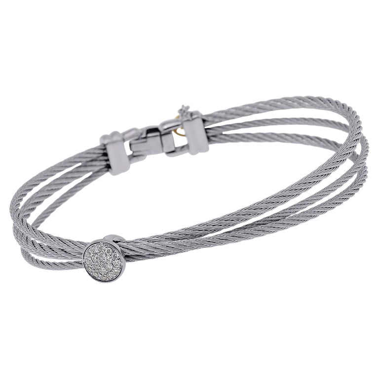 Alor Stainless Steel and 18k White Gold, Diamond Bangle Bracelet For