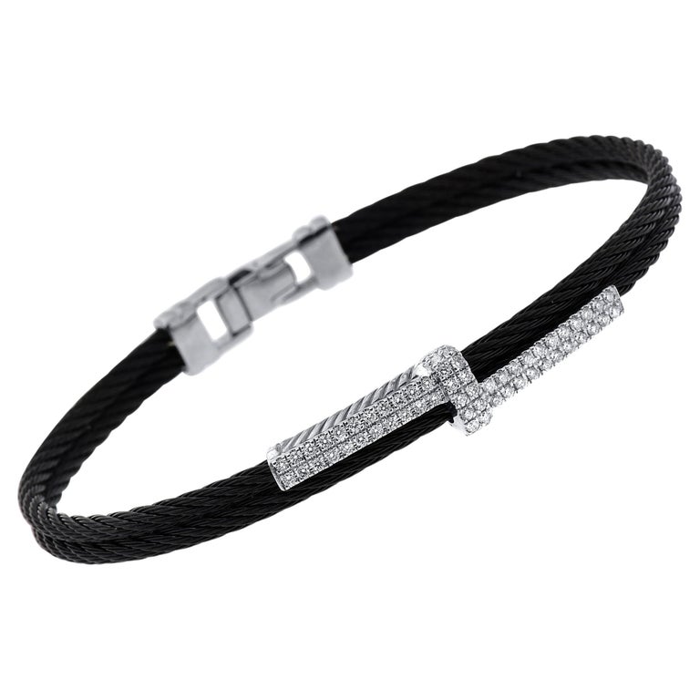 Alor Stainless Steel and 18k White Gold, Diamond Cable Bracelet For Sale at 1stDibs