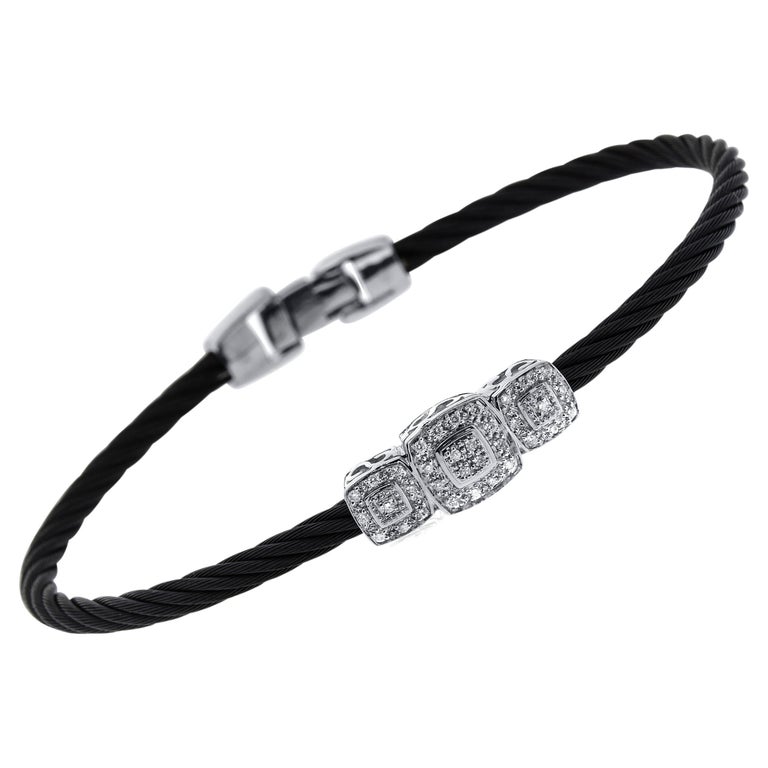 Alor Stainless Steel and 18k White Gold, Diamond Cable Bracelet For Sale at 1stDibs