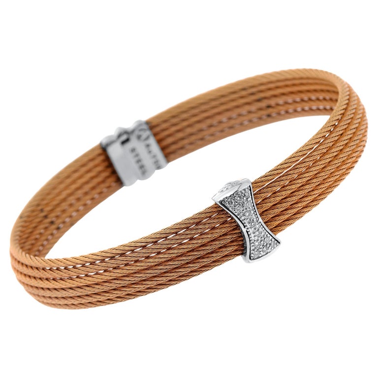 Alor Stainless Steel and 18k White Gold, Diamond Cable Bracelet For Sale at 1stDibs