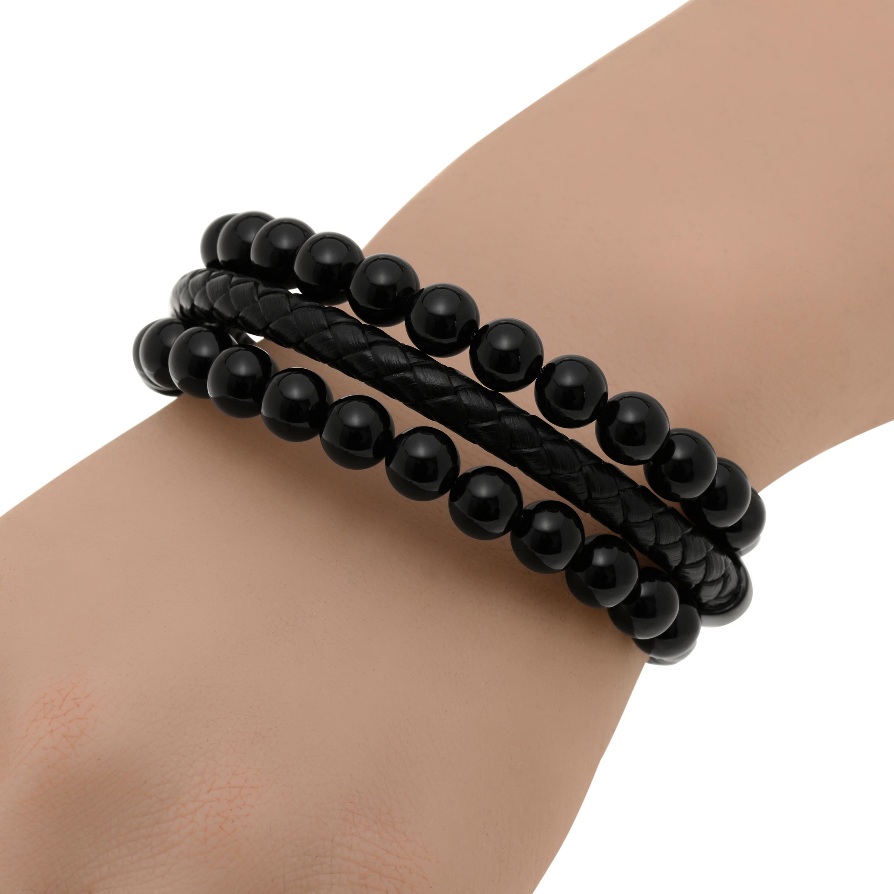 Alor bracelet features black onyx beads centered with braided leather with black stainless steel cable. The band width is 7/8
