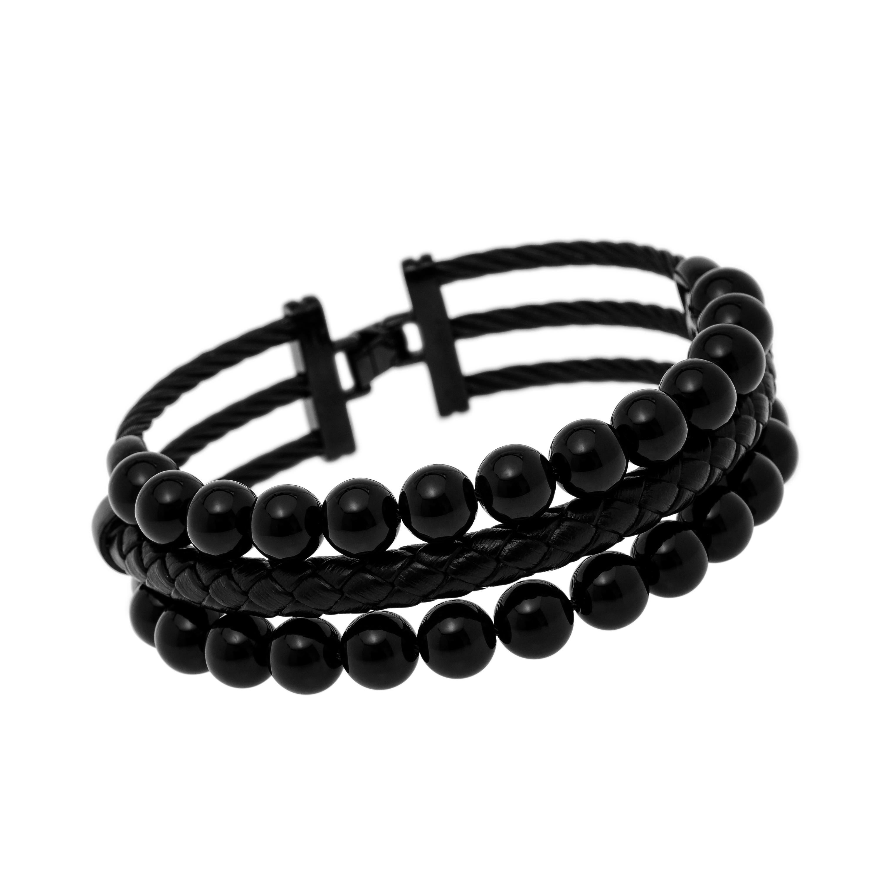 Contemporary Alor Stainless Steel, Leather, And Onyx Bead Bracelet