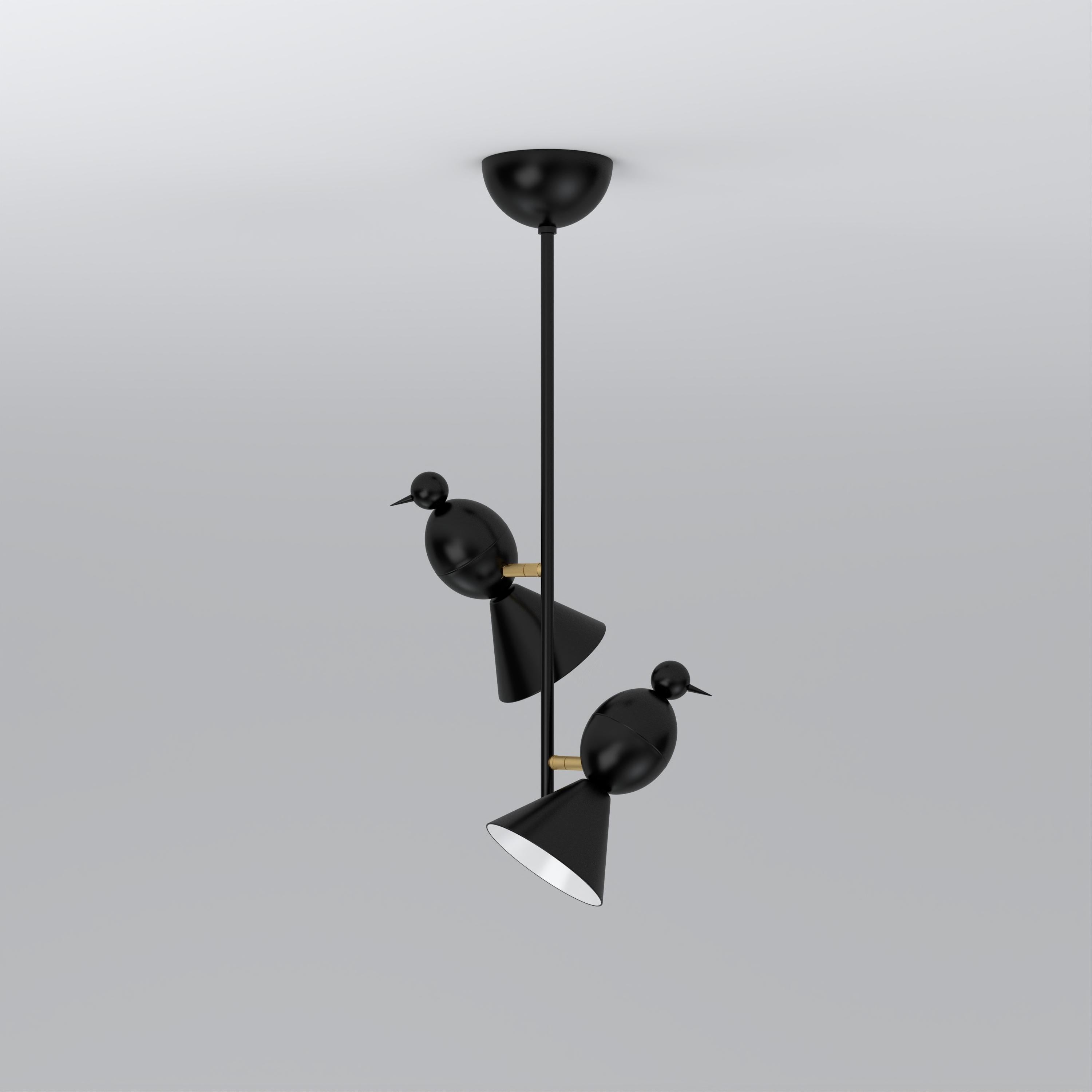 Plafoniera Alouette 2 Birds I di Atelier Aerti
Dimensioni: P 10 x L 24 x H 60 cm.
Materiali: Metallo verniciato a polvere.

Disponibile nelle versioni nera, bianca o a colori.
Disponibile anche con riflettore in ottone.

Tutte le nostre lampade