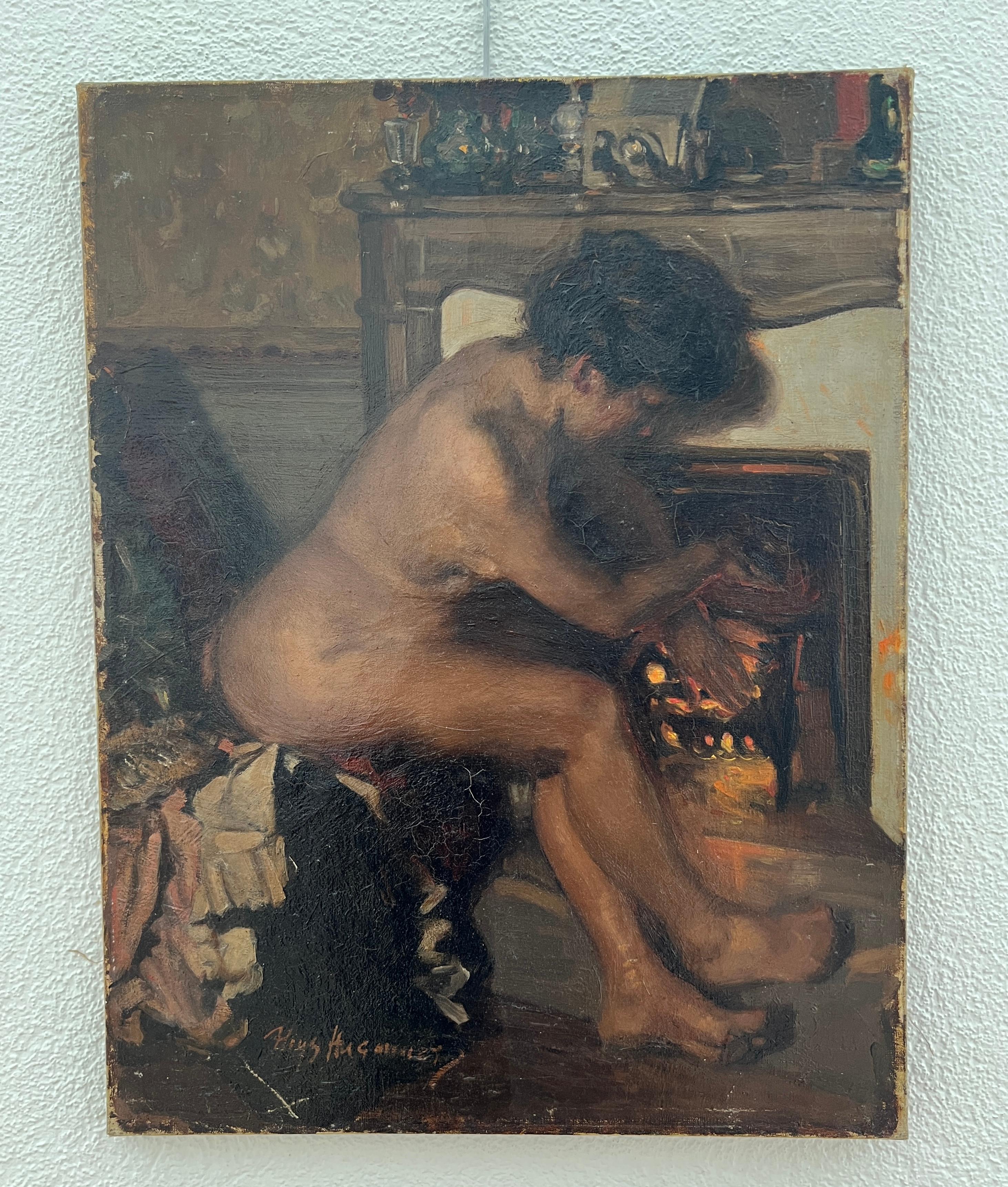 Naked woman in front of the fireplace - Painting by Aloys Hugonnet
