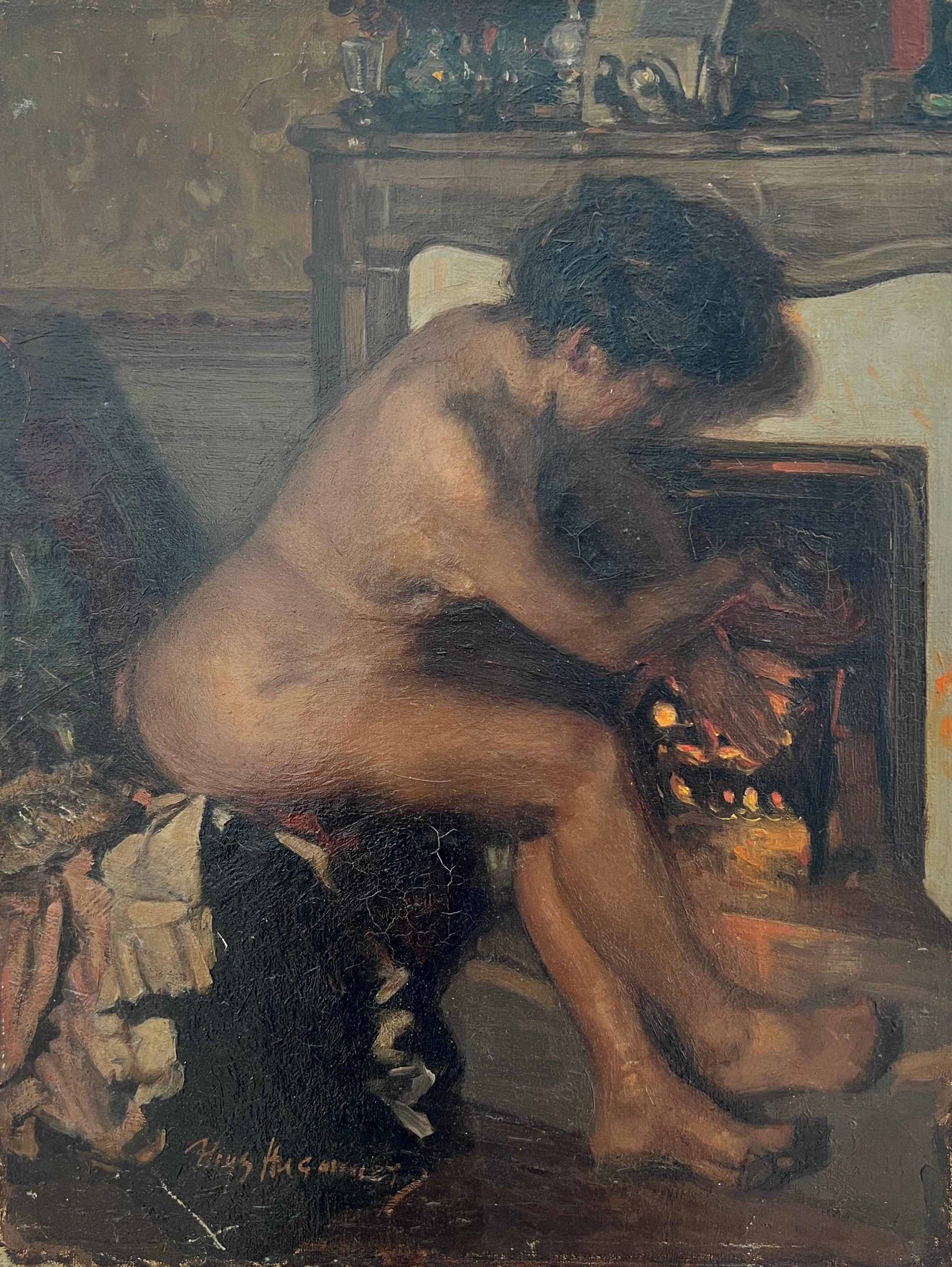 Aloys Hugonnet Nude Painting – Nackte Frau vor dem Kamin