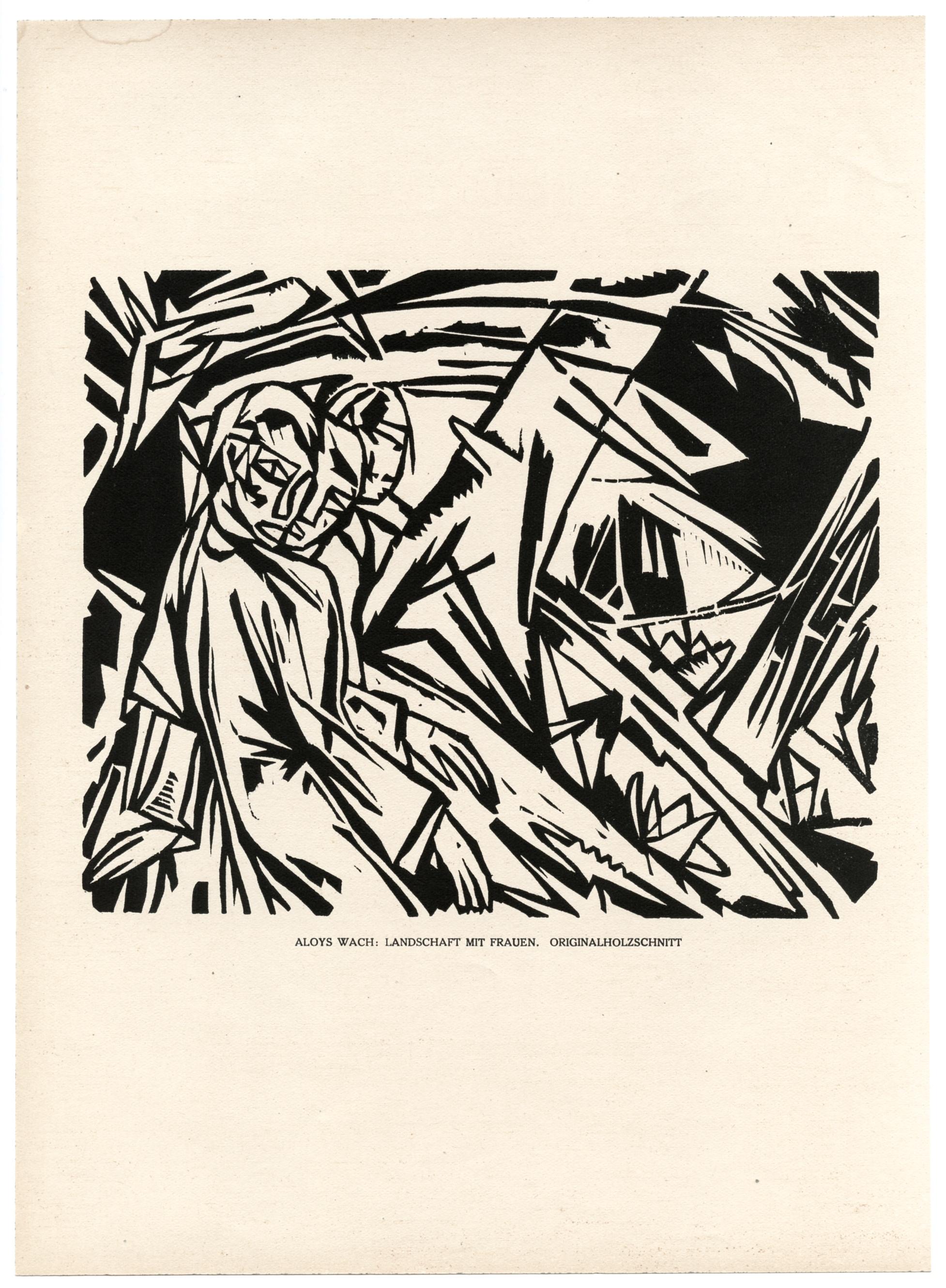 „Landschaft mit Frauen“ Original-Holzschnitt – Print von Aloys Wach