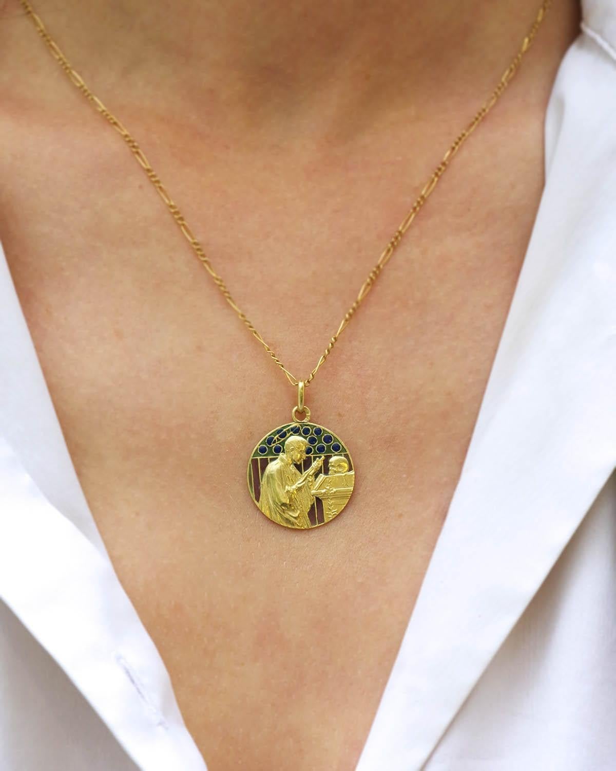 Art Nouveau Aloysius de Gonzaga enamel pendant in 18k gold, Jesuit, plique a jour enamel For Sale