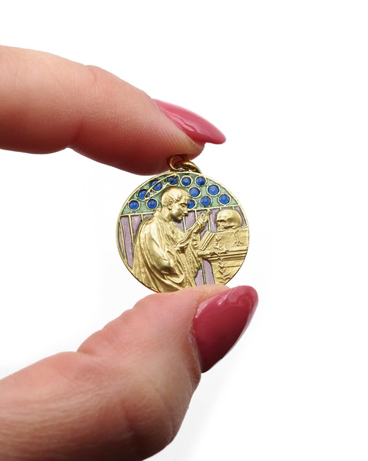 Women's or Men's Aloysius de Gonzaga enamel pendant in 18k gold, Jesuit, plique a jour enamel For Sale