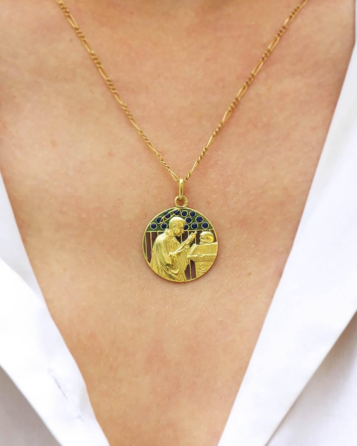 Aloysius de Gonzaga enamel pendant in 18k gold, Jesuit, plique a jour enamel For Sale 1