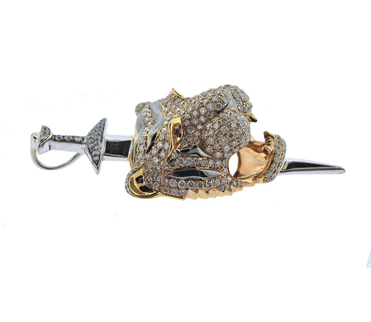 Alp Sagnak 18k gold Tiger pendant, set with a total of approx. 1.00ctw GH/VS diamonds.  Pendant is 44mm x 23mm, weighs 11.6 grams. Marked: 18k 750.  Designer is known not to mark all of his pieces.