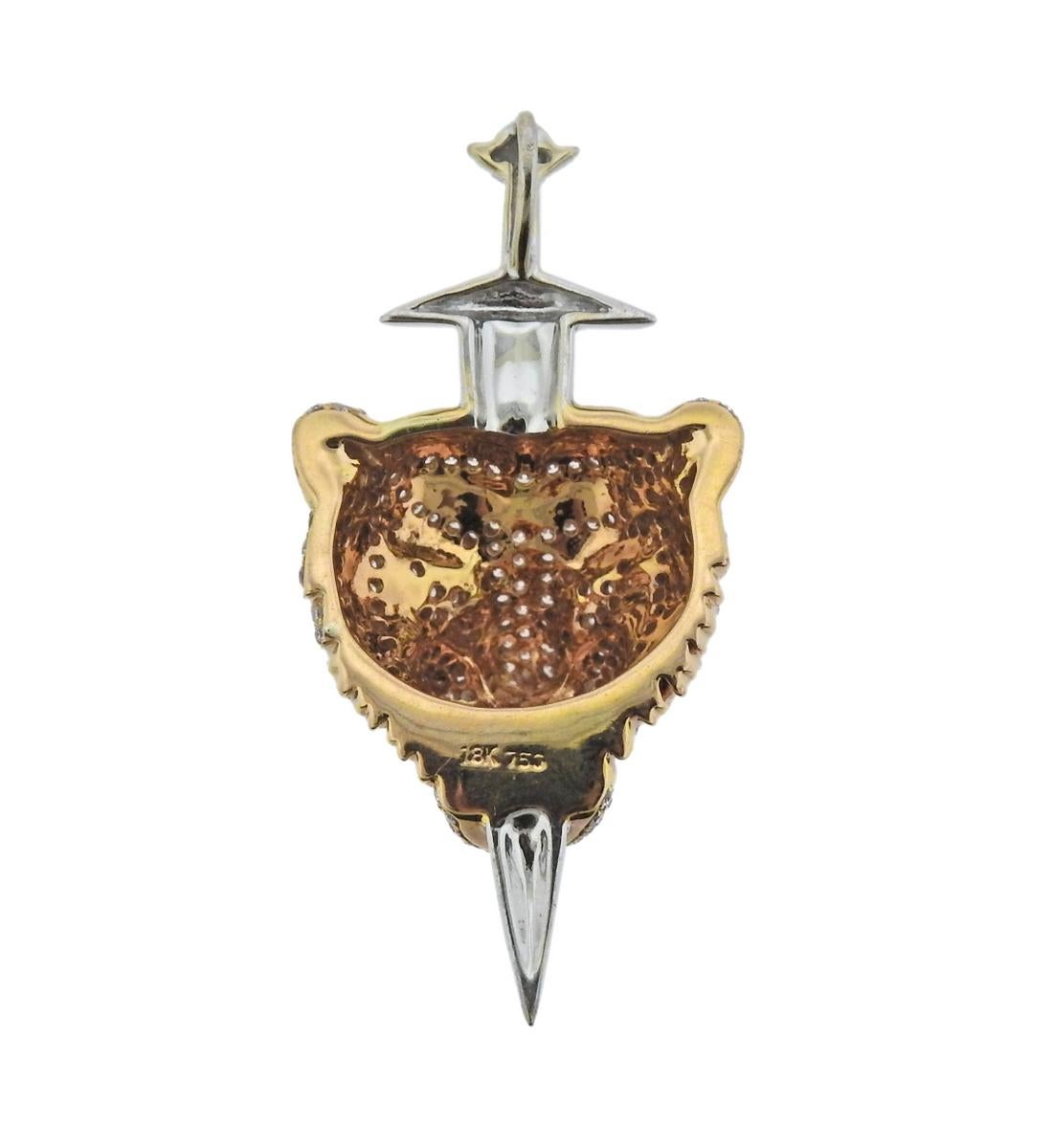 Alp Sagnak Diamond Gold Tiger Sword Pendant In Excellent Condition In Lambertville, NJ