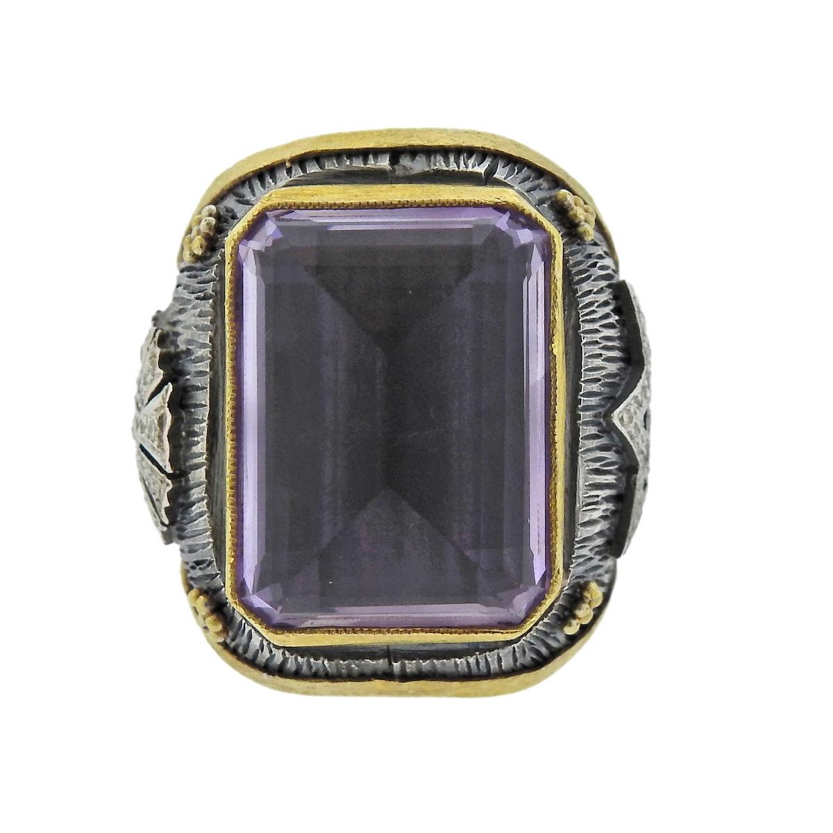 Alp Sagnak silver and 18k gold large ring, set with 19.2mm x 14.2mm amethyst, surrounded with approx. 0.22ctw in H/VS dimonds.  Ring size - 7, ring top is 26mm wide, weighs 25.5 grams. Tested silver/ 18k.  Designer is known not to mark all of his