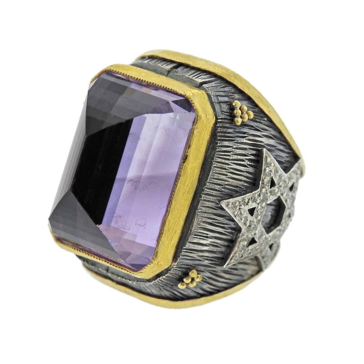 Alp Sagnak Silver Gold Diamond Amethyst Large Ring