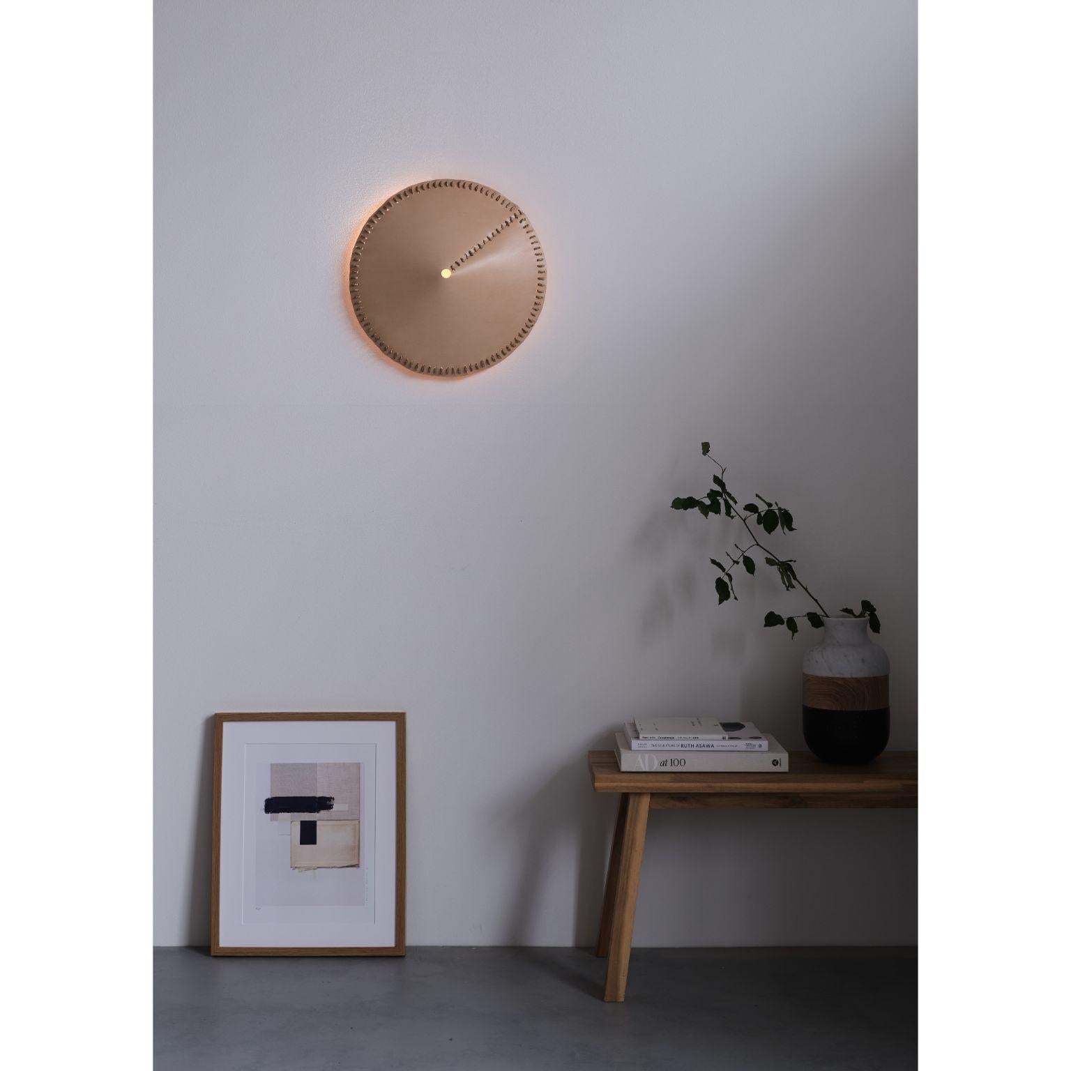 Alp wall light 335 by Alp Design
Designer: Annick L Petersen.
Dimensions: Ø 42 x H 8 cm.
Material: natural tan leather stitched with sea grass cord.

All our lamps can be wired according to each country. If sold to the USA it will be wired for
