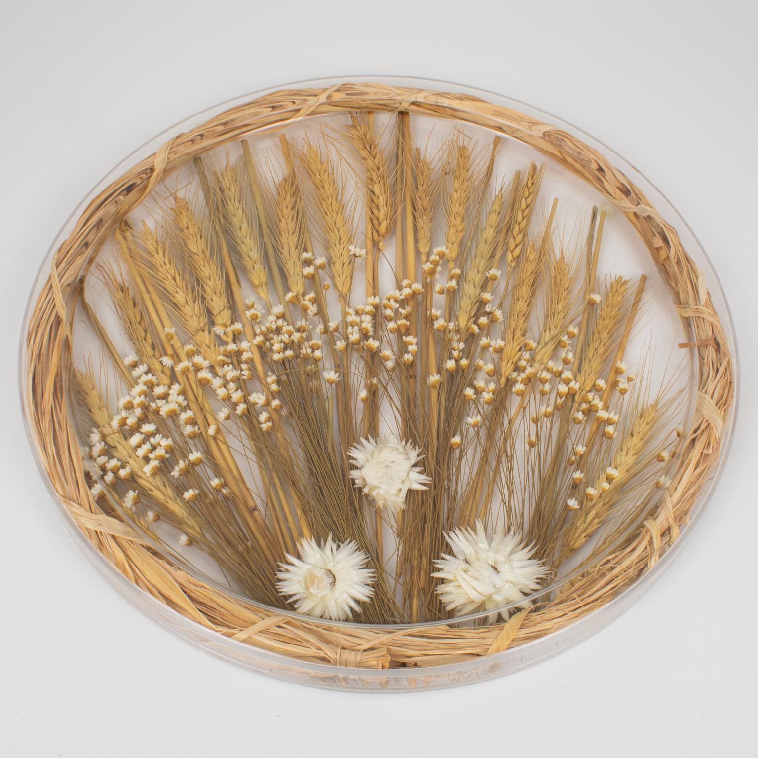 French Alpac Creations Tray Board Platter Lucite, Wheat and Flowers, 1980s For Sale