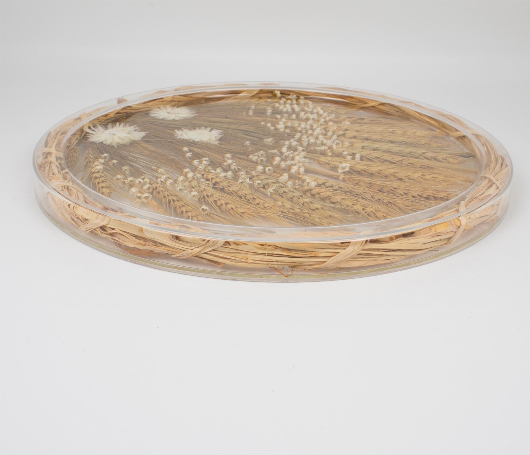 Late 20th Century Alpac Creations Tray Board Platter Lucite, Wheat and Flowers, 1980s For Sale
