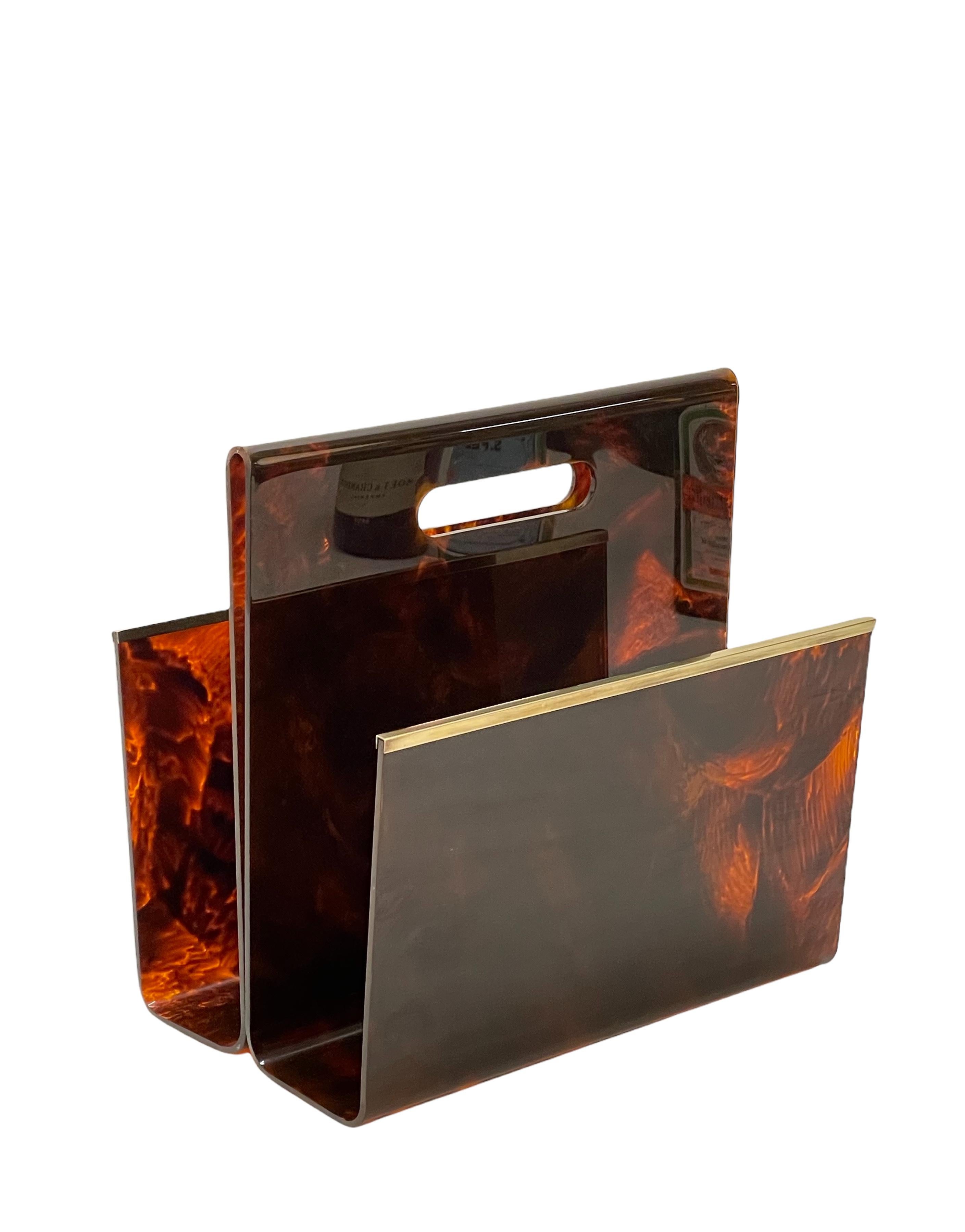 Alpac Midcentury Faux Tortoiseshell Plexiglass and Brass Magazine Rack, 1970s 8