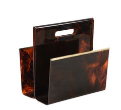 Alpac Midcentury Faux Tortoiseshell Plexiglass and Brass Magazine Rack, 1970s