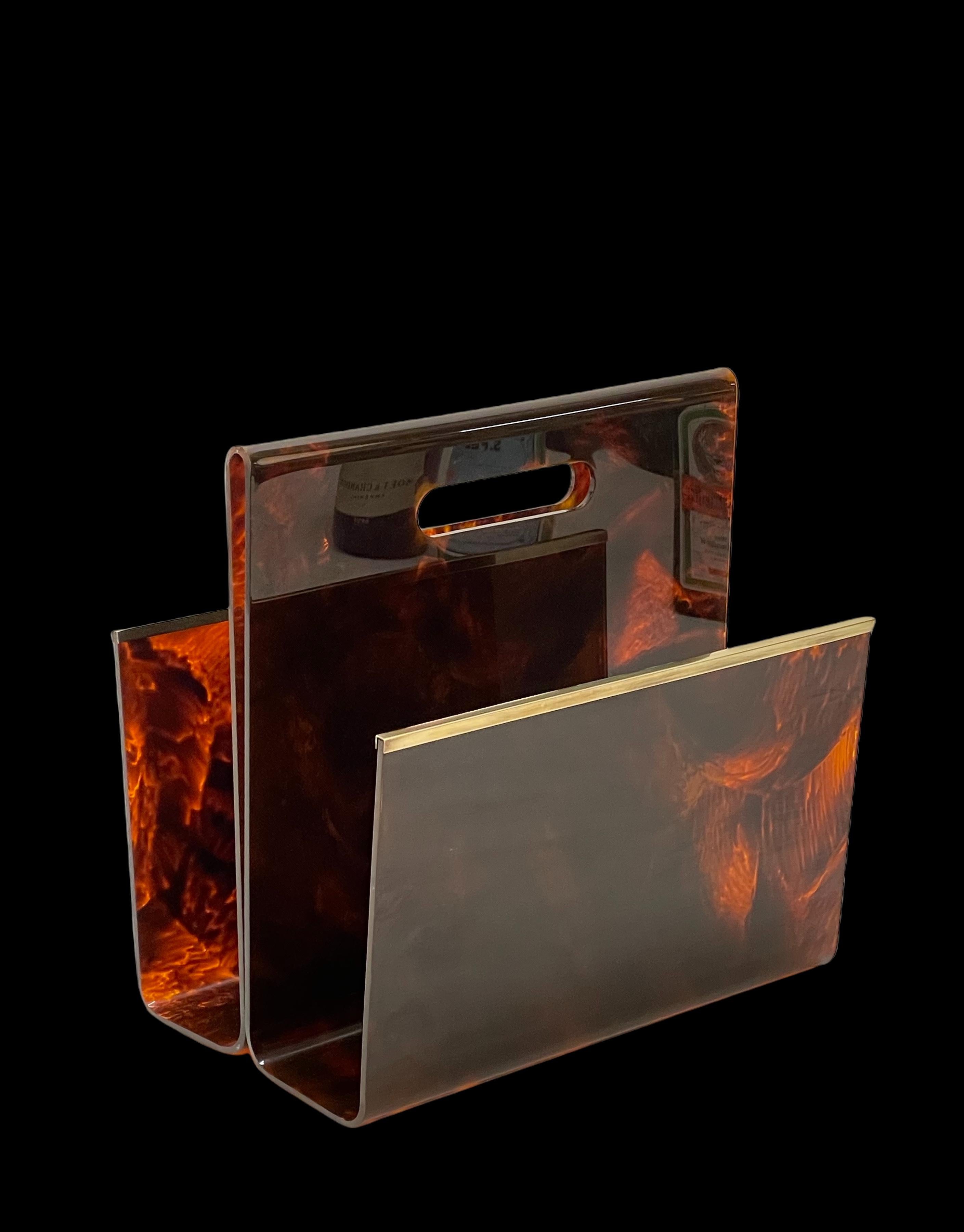 20th Century Alpac Midcentury Faux Tortoiseshell Plexiglass and Brass Magazine Rack, 1970s