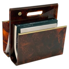 Alpac Midcentury Faux Tortoiseshell Plexiglass and Brass Magazine Rack, 1970s