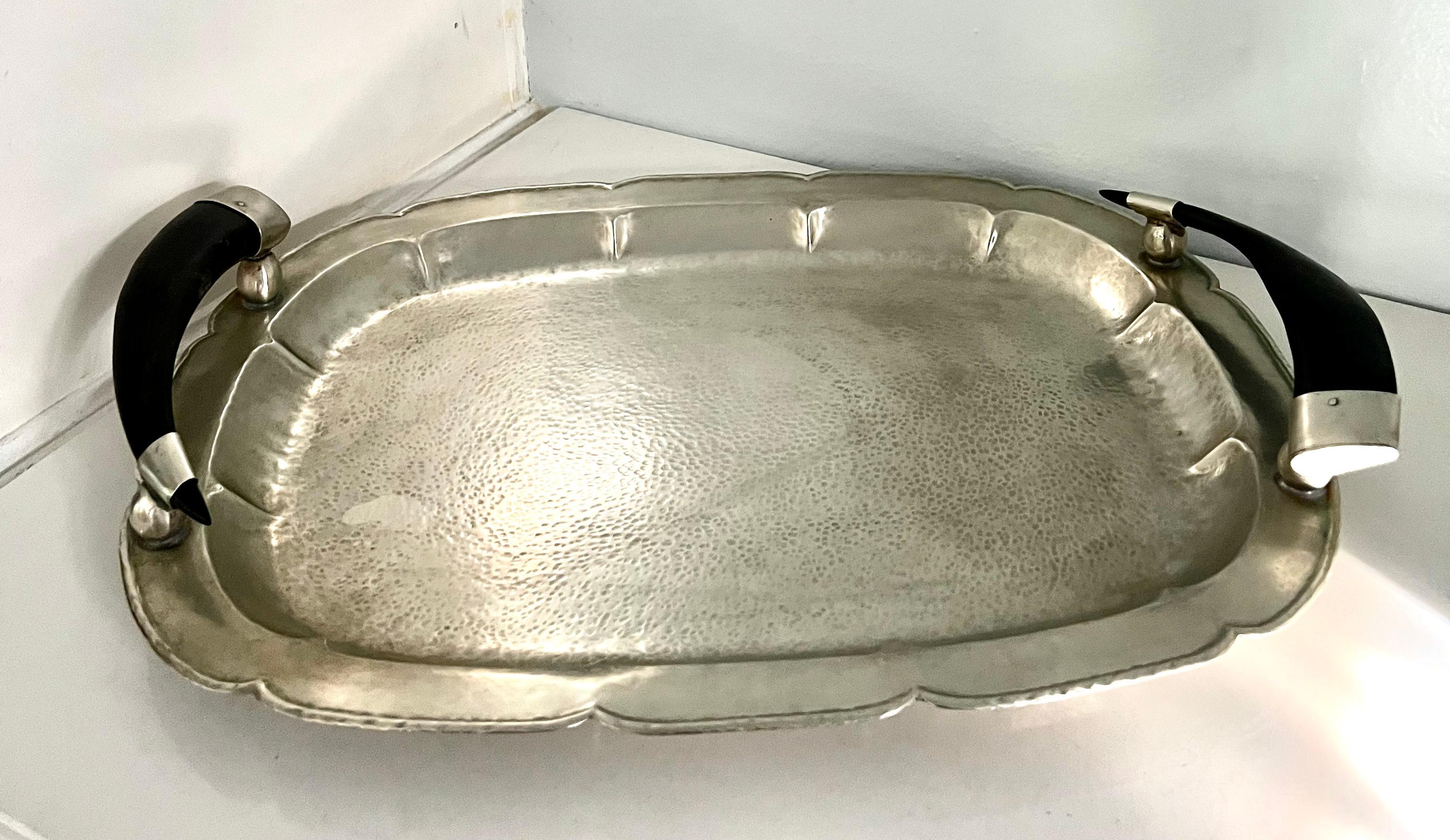 Alpaca Hammered Silver Argentinian Tray with Horn Handles In Good Condition In Los Angeles, CA