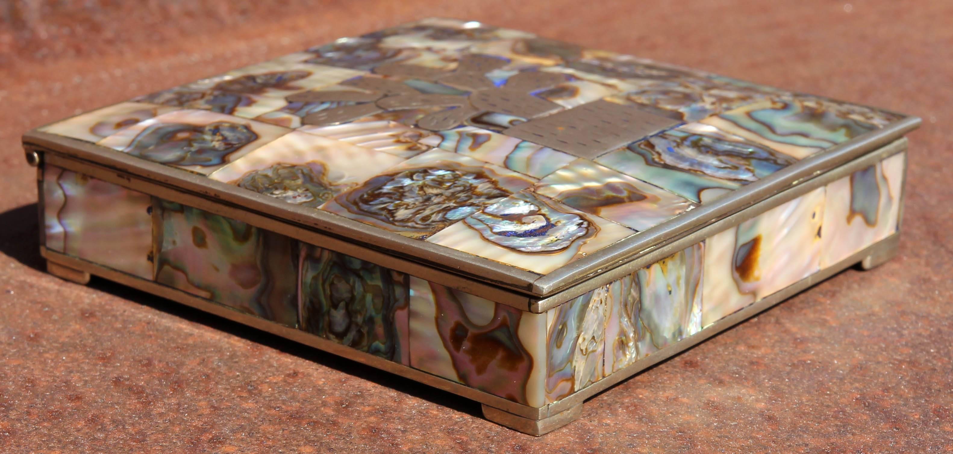 Mexican alpaca silver box inlaid with colorful iridescent abalone shell.