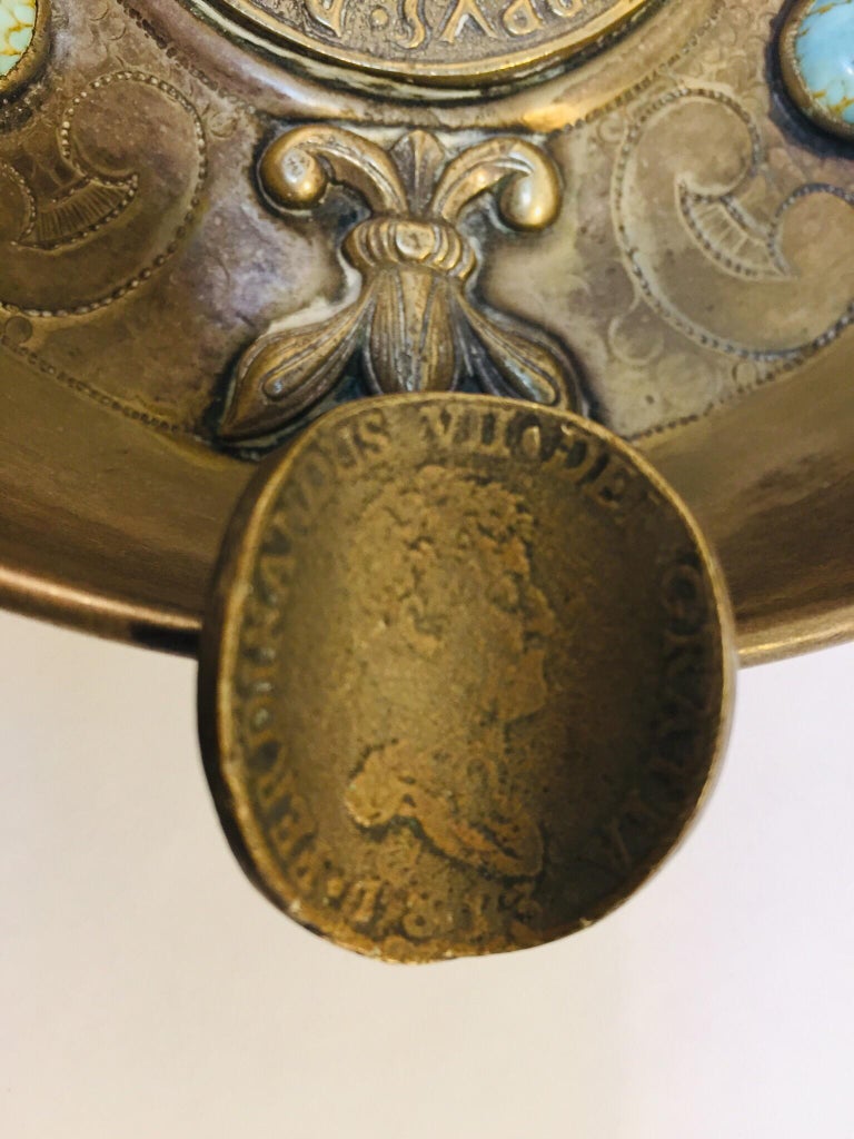 Alpaca, Spanish Colonial Coin Cigars Ashtray with Turquoise Cabochons