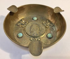 Alpaca, Spanish Colonial Coin Cigars Ashtray with Turquoise Cabochons