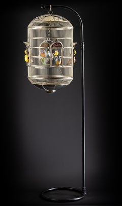 Alpaca White Metal Ceramic Bird Cage, One of a Kind