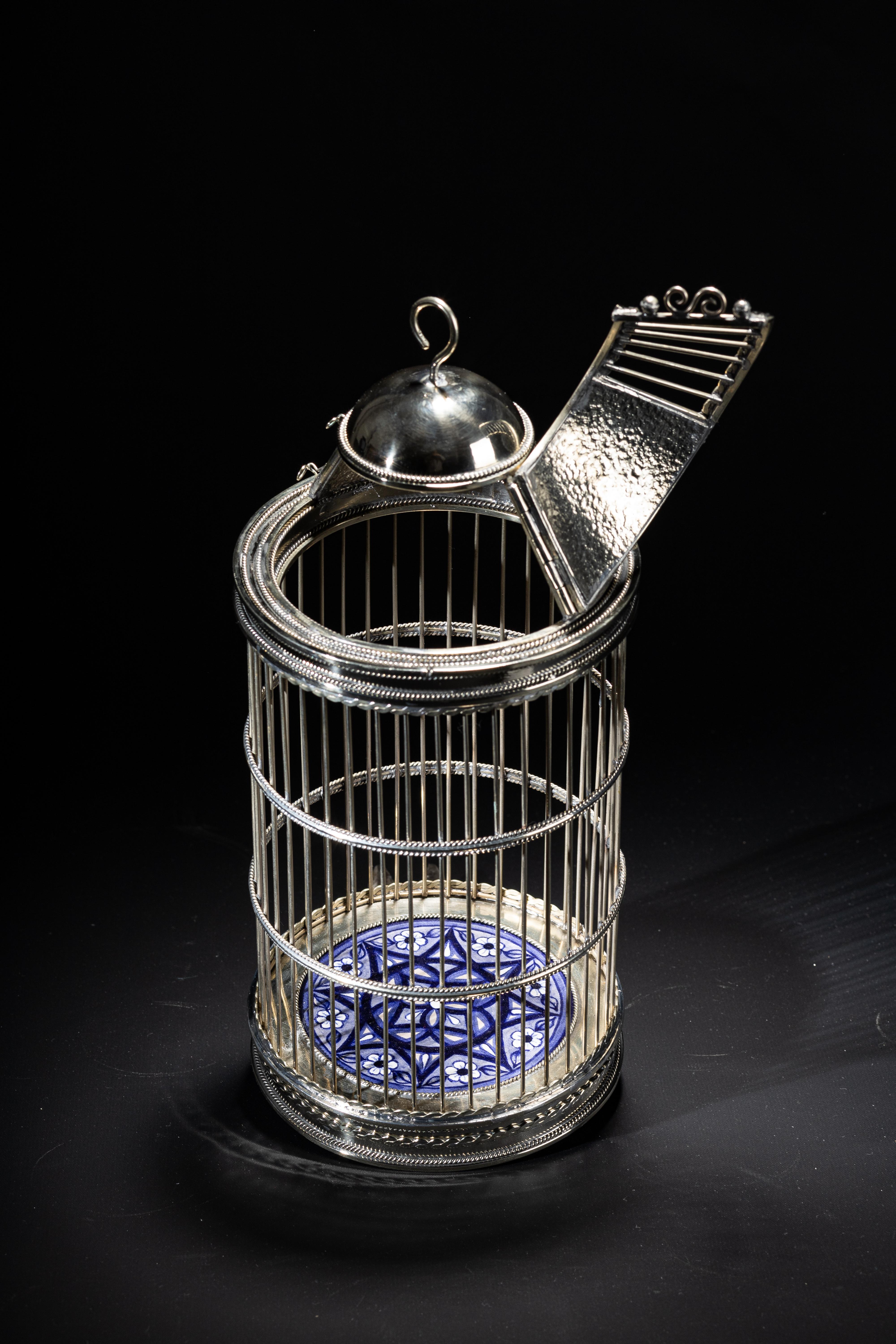 Mexican Alpaca White Metal Ceramic Bird Cage, One of a Kind