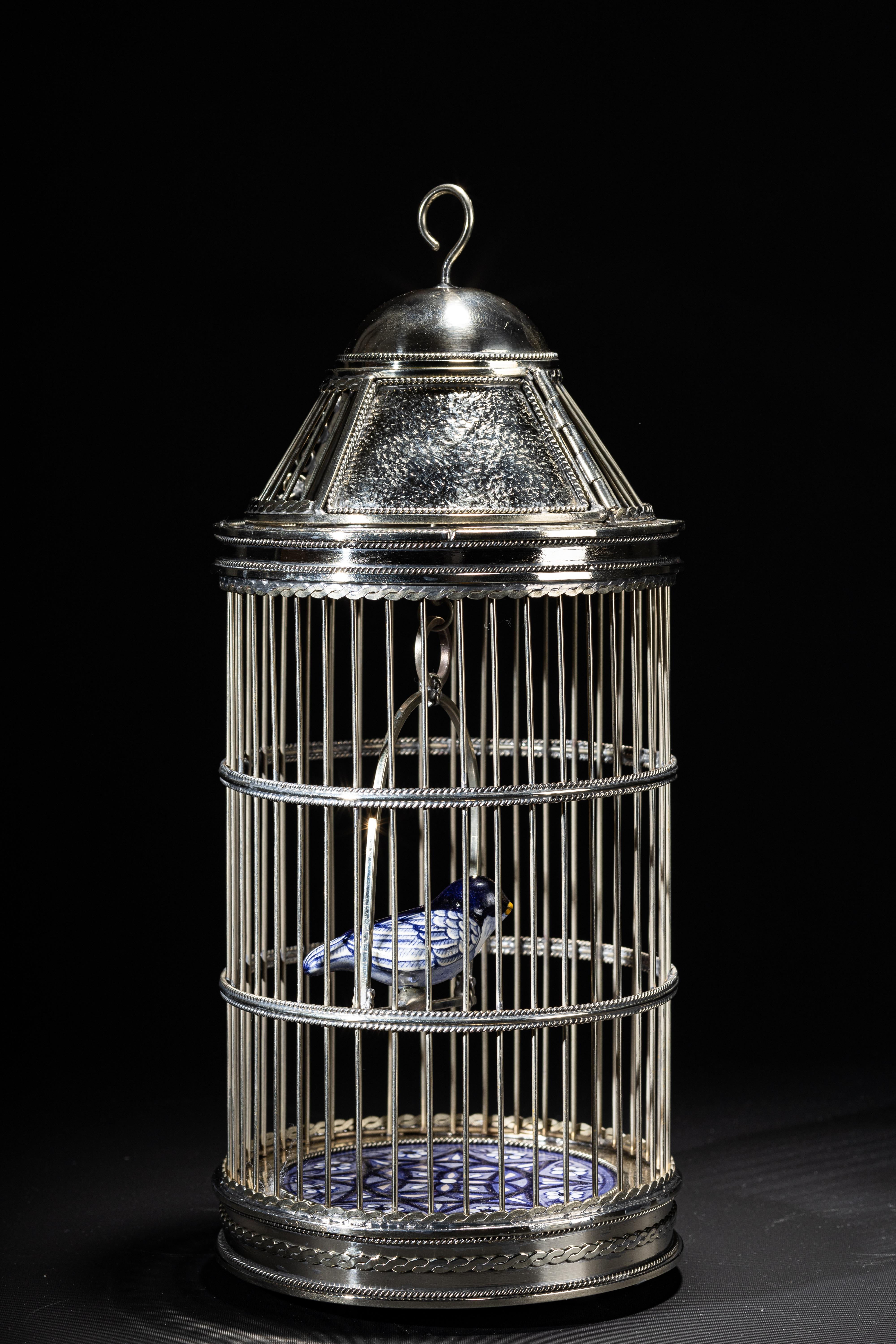 Glazed Alpaca White Metal Ceramic Bird Cage, One of a Kind