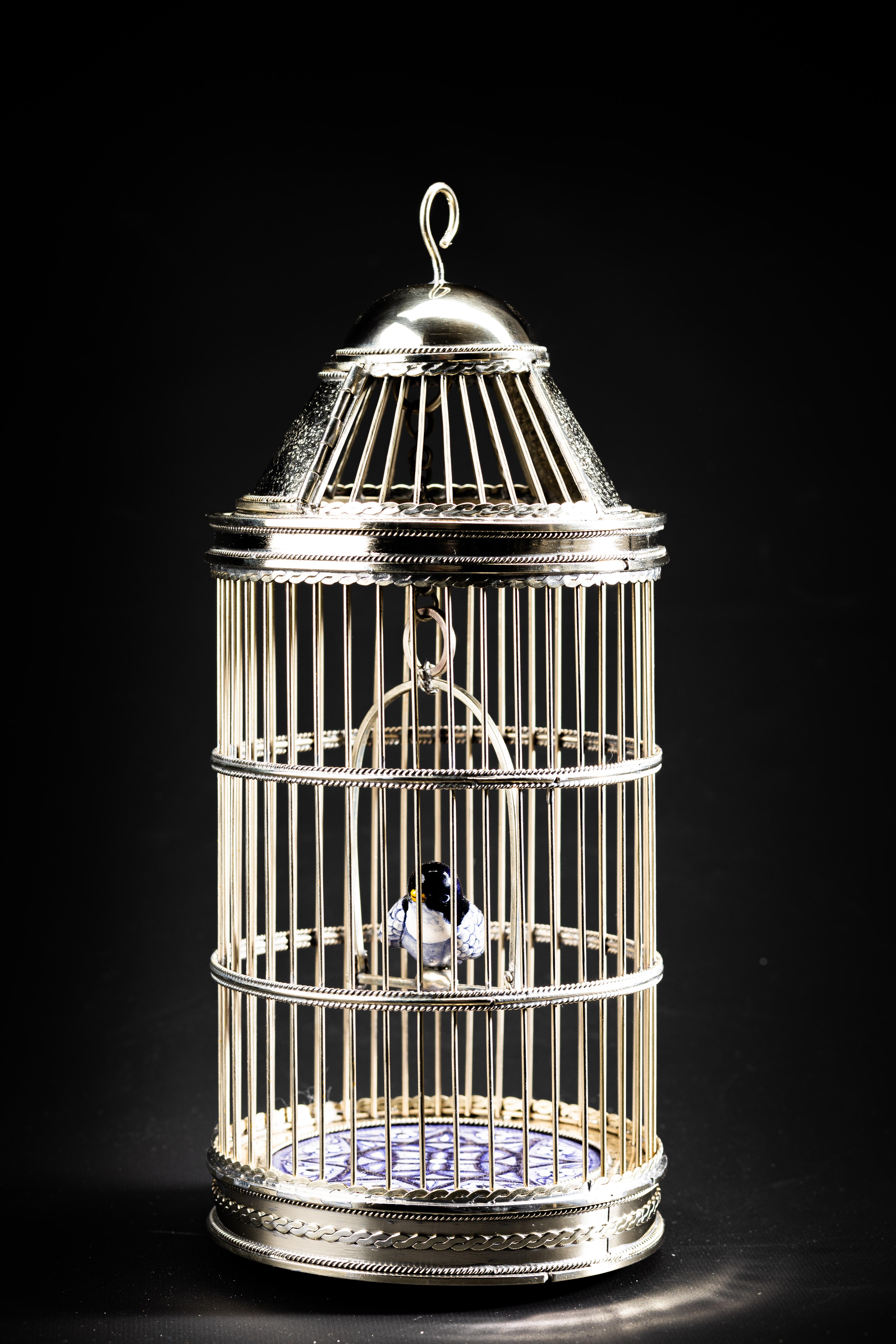 Contemporary Alpaca White Metal Ceramic Bird Cage, One of a Kind