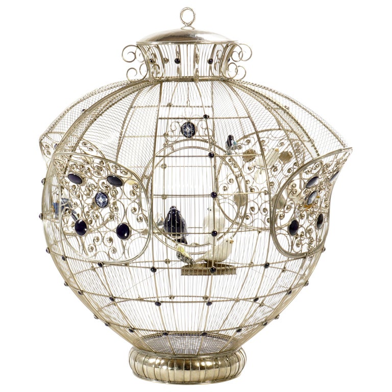 Alpaca White Metal Cerámic Bird Cage, One of a Kind at 1stdibs