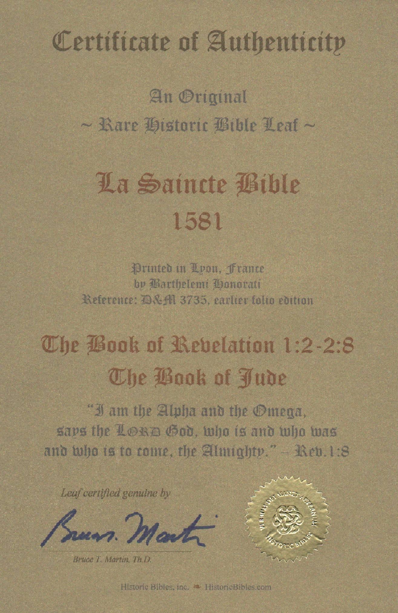 Hand-Crafted Alpha and Omega, Revelation 1, 1581 French Bible Leaf For Sale