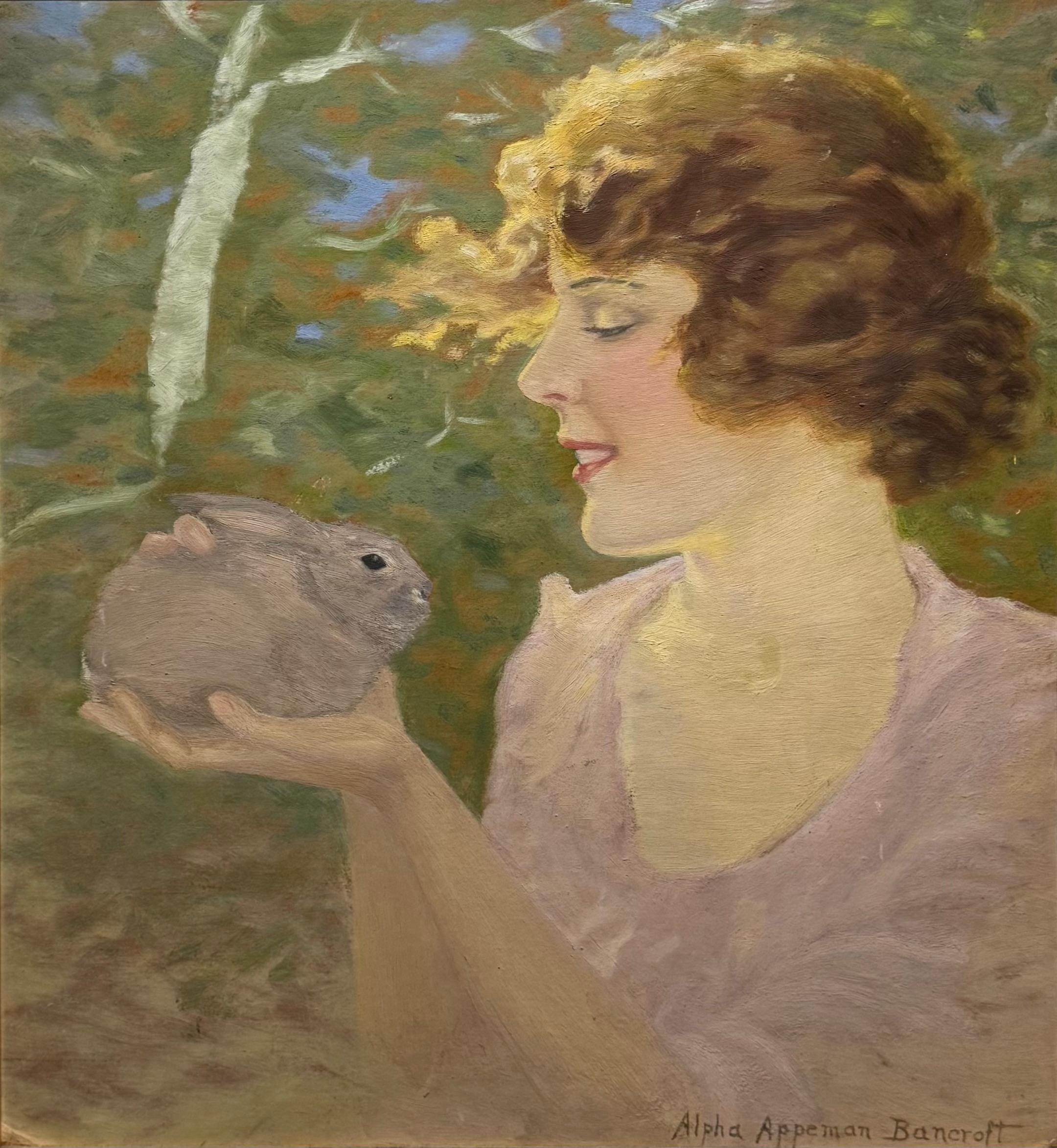 Dipinto impressionista americano femminile di ragazza con coniglio - Painting di Alpha Appeman Bancroft