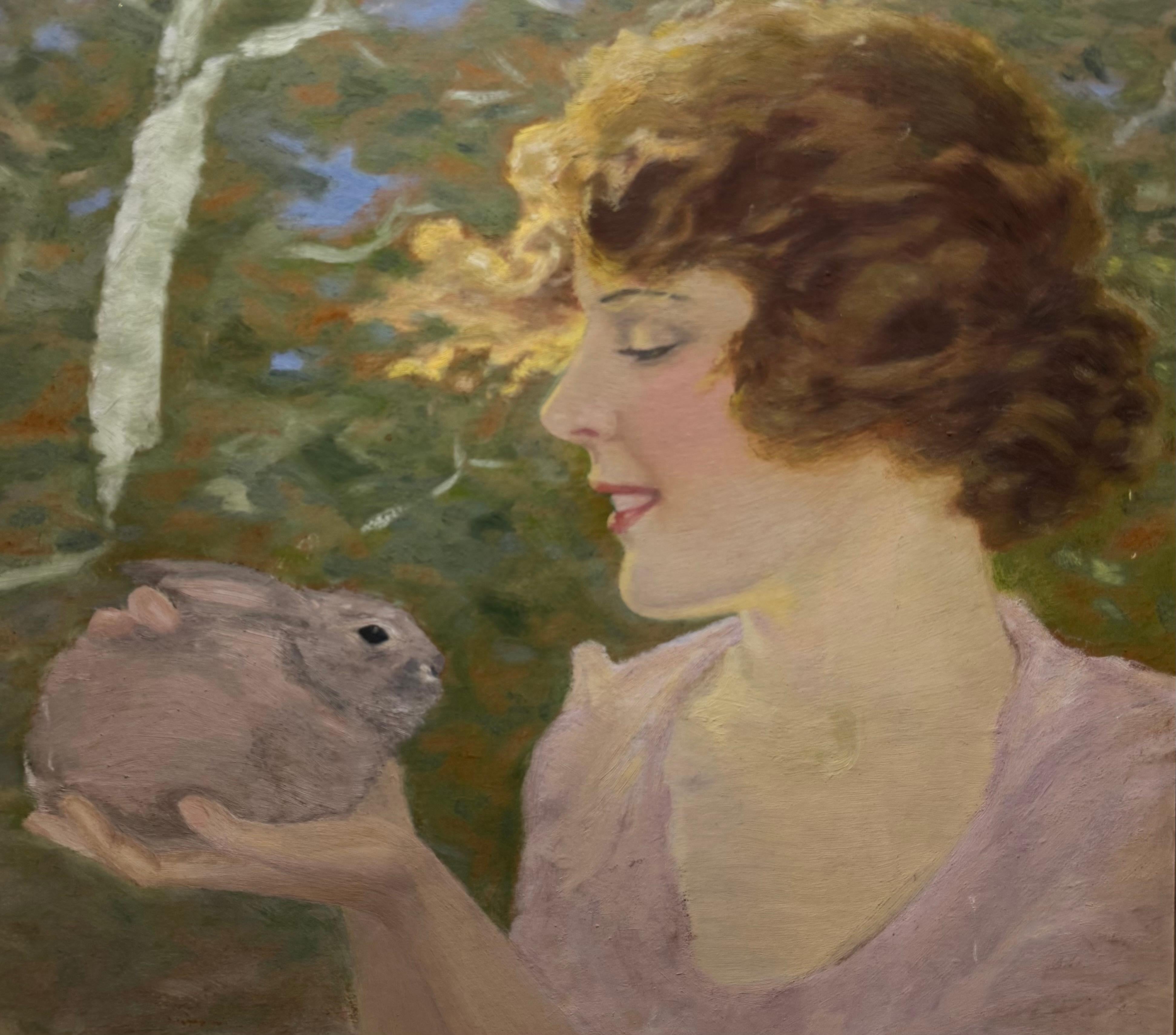 Dipinto impressionista americano femminile di ragazza con coniglio - Painting Impressionismo americano di Alpha Appeman Bancroft