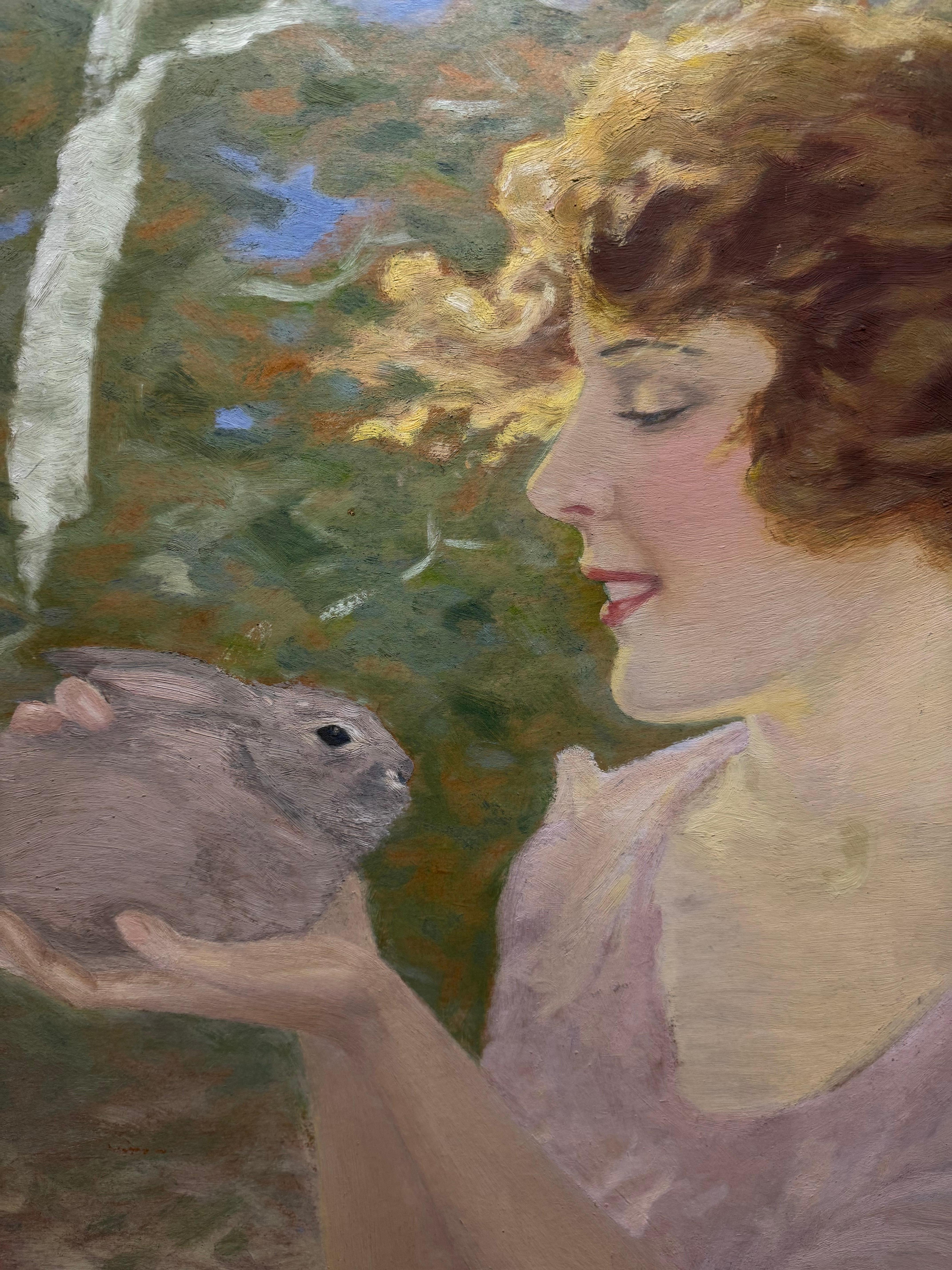 Dipinto impressionista americano femminile di ragazza con coniglio - Portrait Painting Marrone di Alpha Appeman Bancroft
